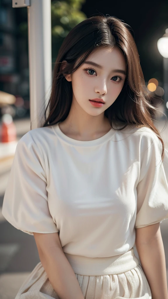 (best quality,16,000,high resolution,masterpiece:1.2),very detailed,(realistic,realistic,realistic:1.37),Korean Fashion Beauty,Japanese and Korean beauties,Cute and innocent,Eyes and face are detailed,beautiful and delicate lips,white teeth,long eyelashes,slime,The clothes are fashionable,shorts short skirts,plump upper circumference,big bust,split,(Beloved,attractive:1.1),colorful street background,stylish clothes and accessories,The texture of the clothes is soft,portrait style photography,vivid colors,Street lamp.