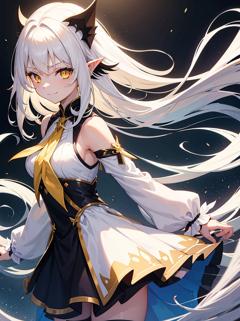 1 girl, One, flowing long hair, yellow eyes, White hair, bare shoulders, skirt, breast, cut off sleeves, long sleeves, hair flaps, closed mouth, black skirt, shirt, pointed ears, smile, большая breast, stockings