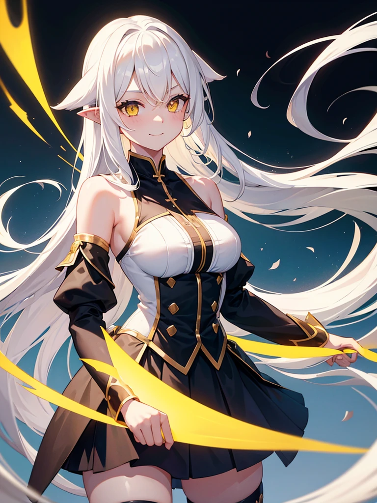 1 girl, One, flowing long hair, yellow eyes, White hair, bare shoulders, skirt, breast, cut off sleeves, long sleeves, hair flaps, closed mouth, black skirt, shirt, pointed ears, smile, большая breast, stockings
