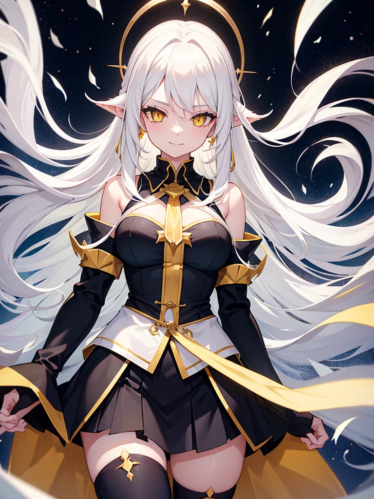 1 girl, One, flowing long hair, yellow eyes, White hair, bare shoulders, skirt, breast, cut off sleeves, long sleeves, hair flaps, closed mouth, black skirt, shirt, pointed ears, smile, большая breast, stockings