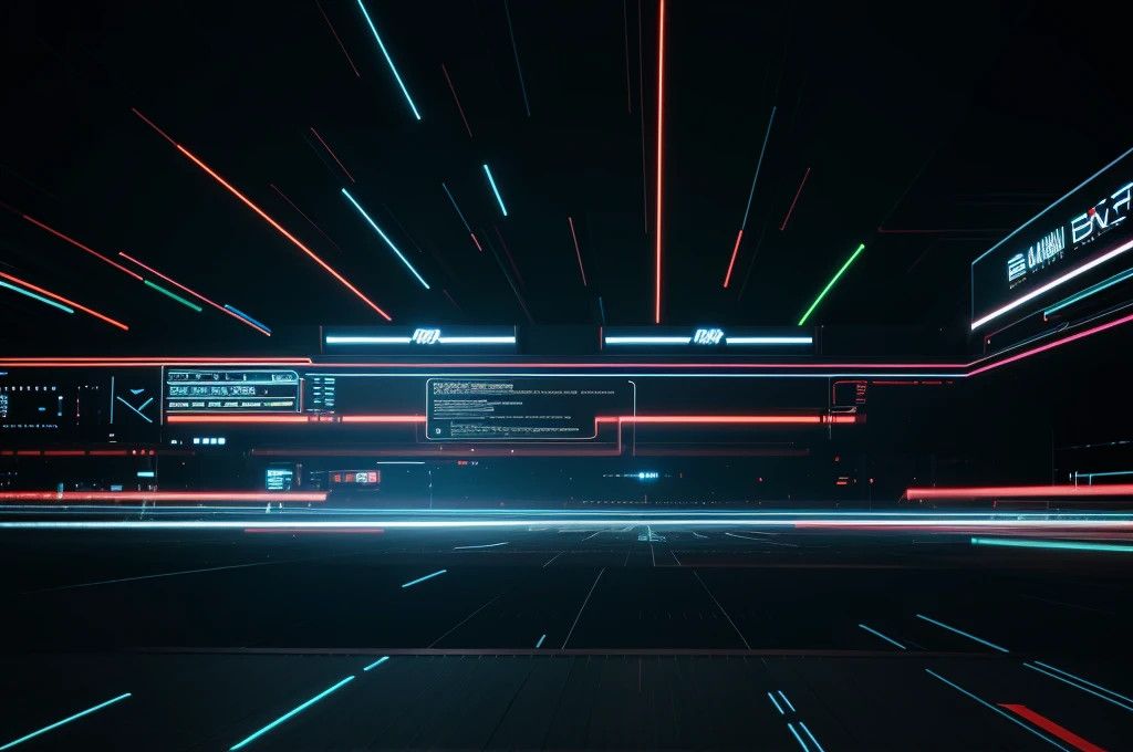 Wide background with various technological elements. Hi-tech computer digital technology concept. Abstract technology communication. Neon glowing lines. Speed and motion blur over dark background.