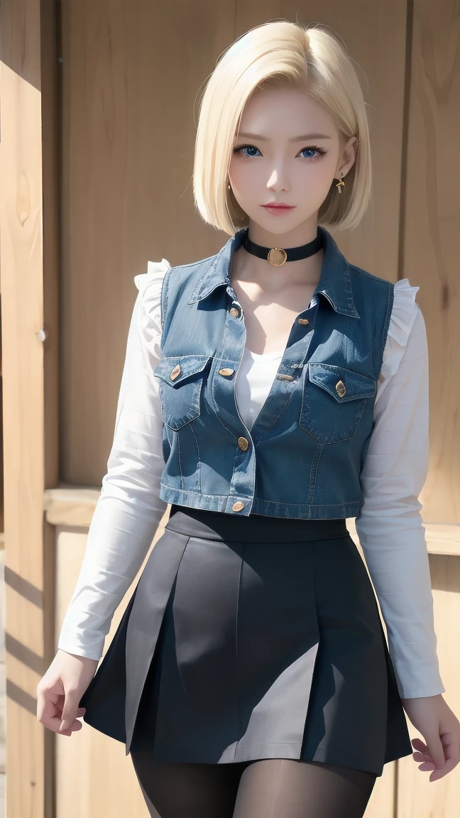 wallpaper,32k,Android 18, Blonde hair, blue eyes, eyelash, earrings, short hair, earrings带,Collar,Vest, shirt, 胸前的pocket, (Pantyhose),clavicle,Fierce eyes, Pleated Skirt, high waist skirt, Jewelry, Long sleeve, pocket, shirt, ((eternal)), ((Happy and shy)), shirt tucked in 裙子, Japanese Attractions Background