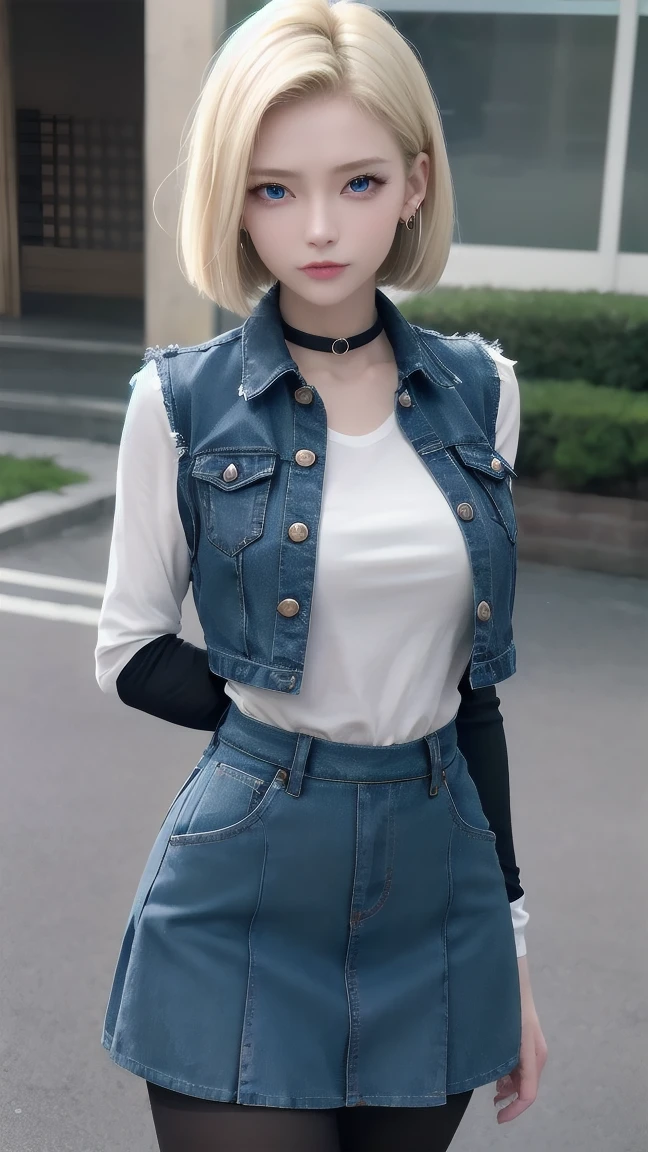 wallpaper,32k,Android 18, Blonde hair, blue eyes, eyelash, earrings, short hair, earrings带,Collar,Vest, shirt, 胸前的pocket, (Pantyhose),clavicle,Fierce eyes, Pleated Skirt, high waist skirt, Jewelry, Long sleeve, pocket, shirt, ((eternal)), ((Happy and shy)), shirt tucked in 裙子, Japanese Attractions Background
