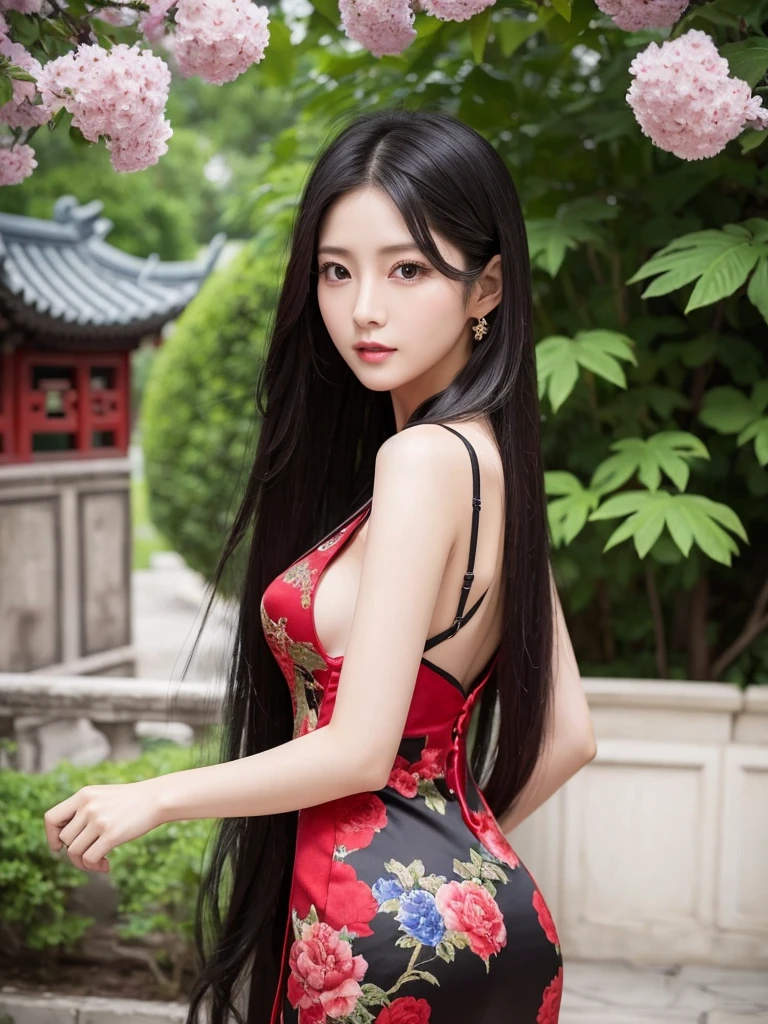 Chineseメイク、Beauty、Chinese、32k，China dress、Long Black Hair、Realistic、Realistic、Boa Hancock lookalike、Stylish、Long legs、Constriction emphasis、The background is also Chinese style.、赤いChina dress、sexy、Too much exposure、tall、10 heads、Small face、Eyes wide open、Accentuate your butt、見返りBeauty図、Exposing the chest、China dressがピチピチ、33 years old、Alluring