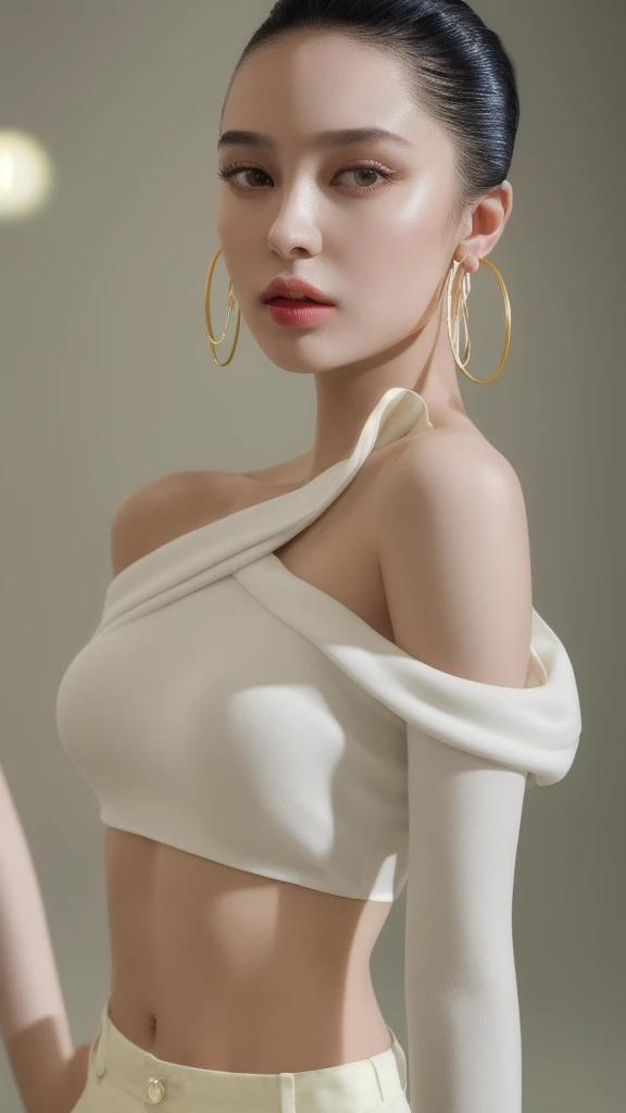 masterpiece, best quality, solo, 1girl, luminous skin, hoop earrings, glamorous, whimsical details, slicked hair, mesmerizing, bare shoulder, crop top, long pants, shallow depth of field, contrapposto, professional model, face front, portrait