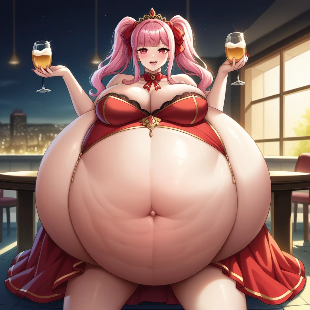 (8K, masutepiece, Best Quality, Official art, beautiful detailed, beautiful lighting, best masterpiece in history that exceeds limits), (1 Girl, Solo), (16 years old), (Beautiful detailed face), (shiny white skin), (Beautiful big bust, cleavage:1.3), (thighs:1.3), (Beautiful detailed pastel pink twin tails hair, Bangs:1.3), (beautiful detailed drooping pink eyes:1.5), break, (red theme, Beautiful detailed red long tight evening dress, Thigh-High Slit Maxi Skirt, black See-through intricate lace, red bow ribbon), (Beautiful Luxurious Diamonds Tiara), (happy smile:1.2), (Attractive, sensational, Look at the camera, cute pose, siting), breathtaking scenery, (ultra detailed realistic beautiful luxurious night club, bar, ソファー, Liquor, Cocktail glass, Wine:1.2), huge belly, massive belly, enormous belly, giant belly, huge belly, massive belly, enormous belly, giant belly, huge belly, massive belly, enormous belly, giant belly, huge belly, massive belly, enormous belly, giant belly, huge belly, massive belly, enormous belly, giant belly, huge belly, massive belly, enormous belly, giant belly, huge belly, massive belly, enormous belly, giant belly, huge belly, massive belly, enormous belly, giant belly, huge belly, massive belly, enormous belly, giant belly, huge belly, massive belly, enormous belly, giant belly, huge belly, massive belly, enormous belly, giant belly, huge belly, massive belly, enormous belly, giant belly, huge belly, massive belly, enormous belly, giant belly, huge belly, massive belly, enormous belly, giant belly, huge belly, massive belly, enormous belly, giant belly, huge belly, massive belly, enormous belly, giant belly, huge belly, massive belly, enormous belly, giant belly, huge belly, massive belly, enormous belly, giant belly, huge belly, massive belly, enormous belly, giant belly, huge belly, massive belly, enormous belly, giant belly, huge belly, massive belly, enormous belly, giant belly, huge belly, massive belly, gigantic belly, morbidly, blob