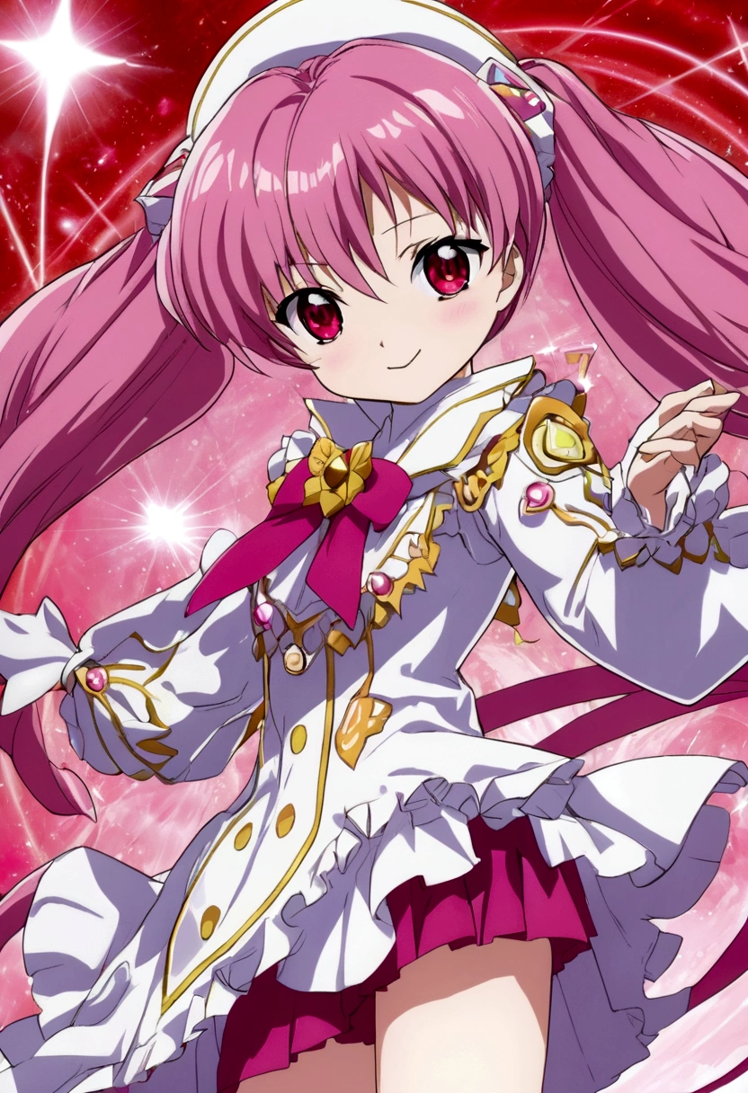 official style, cure ace, madoka aguri, dokidoki! precure, very aesthetic, best quality, intricate, overall detail, 1 girl, red eyes, magical girl, battle costume, standing, light smile, simple background, facing the front, straight-on, cowboy shot, face focus, intricate, hyper-detailed, 100-layer, amazing quality, excellent, {{{{ultra-high resolution}}}}, {{{hi-vision anime}}},