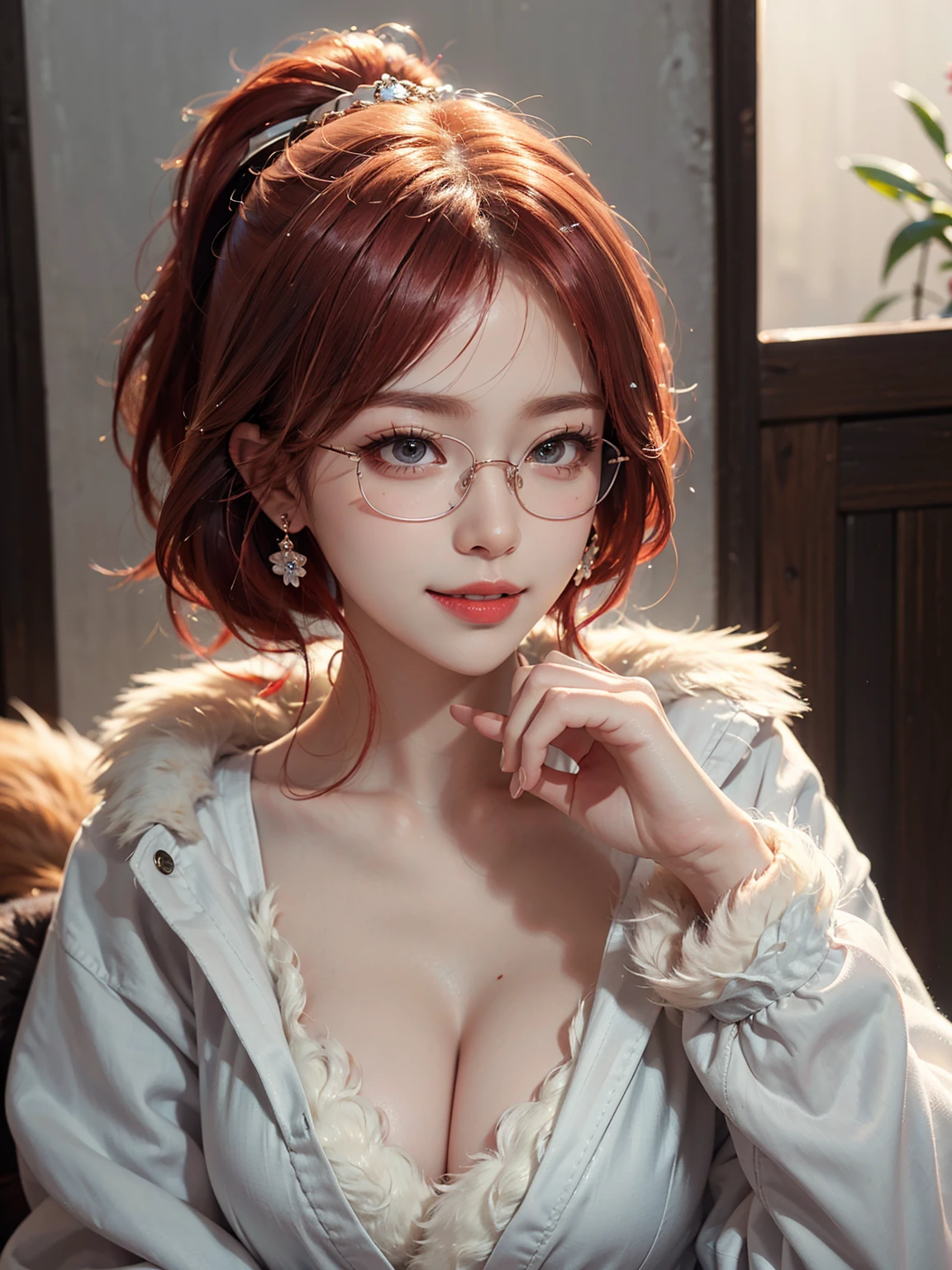 masterpiece, best quality, illustration, (dynamic lighting:1.2), cinematic lighting, reflection, delicate facial features, ultra-detailed eyes, sharp pupils, realistic pupils, depth of field, sharp focus, (hyper-detailed, bloom, glow:1.4), exceptional beauty, alluring face, cute look, multicolored hair, ponytail, high ponytail, (ponytail:1.3), (high_ponytail:1.2), long ponytail, (bright_red_hair:1.3), shining hair, bangs, long side bang, enchanting eyes, shiny, sparkle, sparkling, elegance, jewelry, ornaments, 1girl, solo focus, medium full shot, cowboy shot, white skin, intense bright, absurdres, high-res, ultra-detailed, hair ornaments, earrings, perfect arms, perfect hands, perfect fingers, detailed hands, detailed fingers, perfect body, perfect, embarrassing, blushing, smiling, angelic, expert shading, extreme light effects, intense bright, glare, sharp eyelash, red lips, dynamic pose, tying hair, hand on hair, huge smile, beautiful, accurate anatomy, perfect anatomy, showing body curves, eyeglasses, (eyeglasses:1.4), (round_eyeglasses:1.2), wearing glasses, renaissance, sunshine, princess, goddess, crown, tiara, halo, (multicolored eyes), (heterochromia), (messy hair:1.3), (long ponytail:1.3), (hair over one eye:1.3), (wavy hair:1.3), kitsune, (kitsune mask:1.3), (fox mask:1.3), fox tails, fur clothes, (fur jacket:1.3), furry, long hair, (red hair:1.3), (white clothes:1.1)