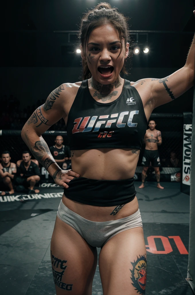 a small  with a body full of tattoos, screaming and an enthusiastic expression wearing UFC clothes with a face full of bruises with a UFC ring in the background