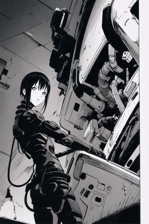 ((masterpiece)), (best quality), 
blame, tsutomu nihei, original, manga, comic, monochrome, 
cibo, cyborg, long body, 
