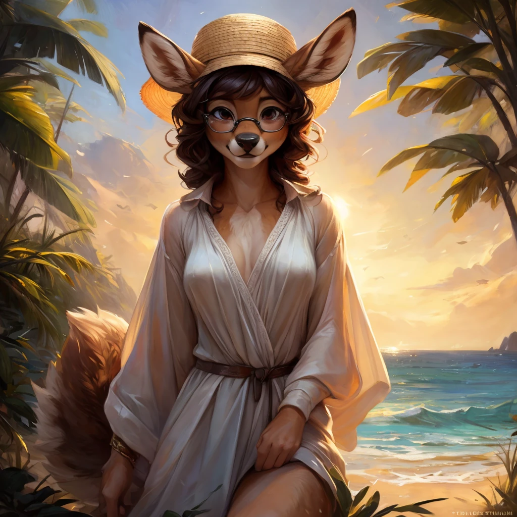 uploaded on e621, by Pixelsketcher, by Bayard Wu, by Thomas Benjamin Kennington , by Einshelm, by hioshiru and kenket, Chunie, portrait, solo anthro female deer doe, with small featureless breasts, clear dark blue, cinematic lighting, day, sunny day, beach, stays in the sea, sea background, mediterranean background, horizon background, shiny, short curly dark brown hair, wears big black nerd glasses, very very beautiful furry art, furry art, smiling, joyful, shiny, happy, feminine, cute face, muzzle, fluffy chest, flawless face, Fallow deer, 1girl, Sakimichan is beautiful, Masterpiece, Wavethesallow Face, shiny, Detailed image, portrait, Detailed image, portrait, full body, wearing wide, long, white blouse, wearing big and wide beige summer straw hat, shiny, realistic face, perfect anatomy, hourglass body, (furry body:1.1), anthropomorphic deer, looks at the viewer, small fluffy tail, detailed background, (cute anatomy:1.1), windy
