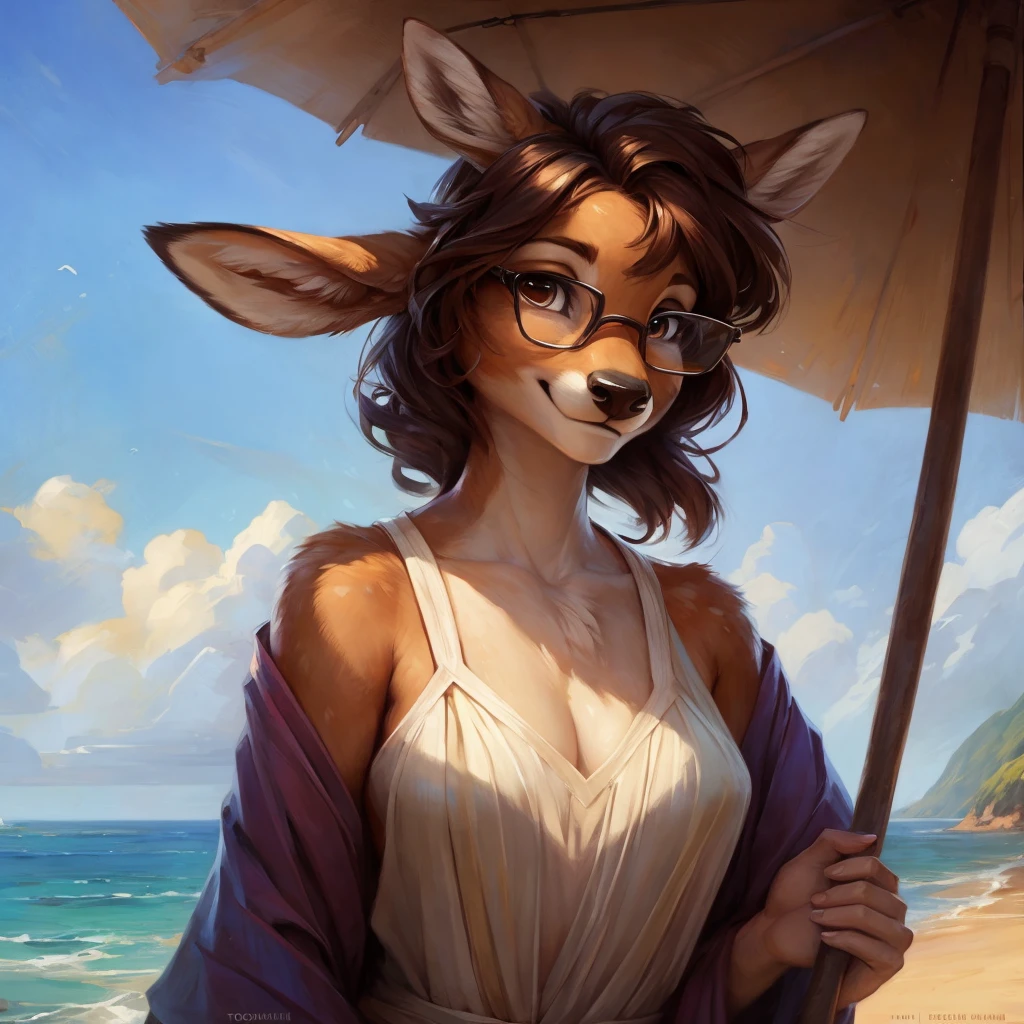uploaded on e621, by Pixelsketcher, by Bayard Wu, by Thomas Benjamin Kennington , by Einshelm, by hioshiru and kenket, Chunie, portrait, solo anthro female deer doe, with small featureless breasts, clear dark blue, cinematic lighting, day, sunny day, beach, stays in the sea, sea background, mediterranean background, horizon background, shiny, short curly dark brown hair, wears big black nerd glasses, very very beautiful furry art, furry art, smiling, joyful, shiny, happy, feminine, cute face, muzzle, fluffy chest, flawless face, Fallow deer, 1girl, Sakimichan is beautiful, Masterpiece, Wavethesallow Face, shiny, Detailed image, portrait, Detailed image, portrait, full body, wearing wide, long, white blouse, wearing big and wide beige summer straw hat, shiny, realistic face, perfect anatomy, hourglass body, (furry body:1.1), anthropomorphic deer, looks at the viewer, small fluffy tail, detailed background, (cute anatomy:1.1), windy