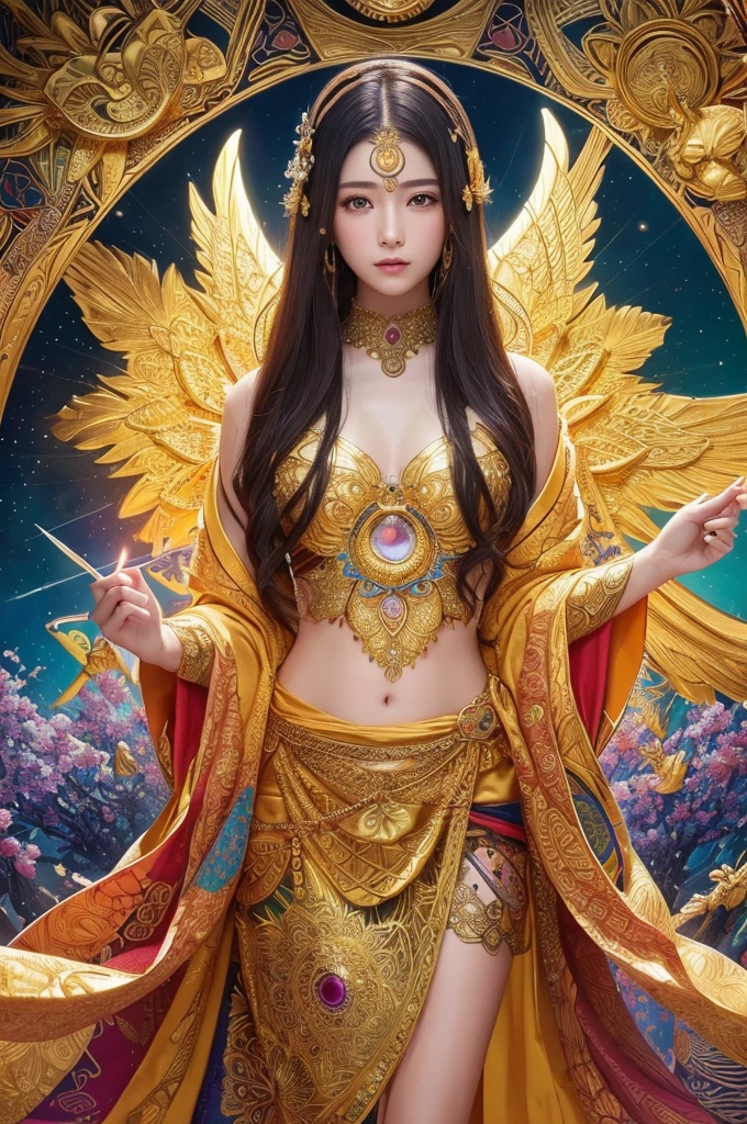 (masterpiece, Highest quality, Highest quality, Official Art, beautiful and aesthetic:1.2), (One girl), Very detailed,colorful,Most detailed, Official Art, unity 8k wallpaper, Super detailed, beautiful and aesthetic, beautiful, masterpiece, Highest quality, (zenTangle, Mandala, Tangle, enTangle) 、,Gold foil,Gold leaf art,Sparkly Painting, Perfect NwsjMajic、Has a large crystal、Amaterasu Omikami、(naked)、Angel、fortune teller、Love Advice、Golden Room、 information