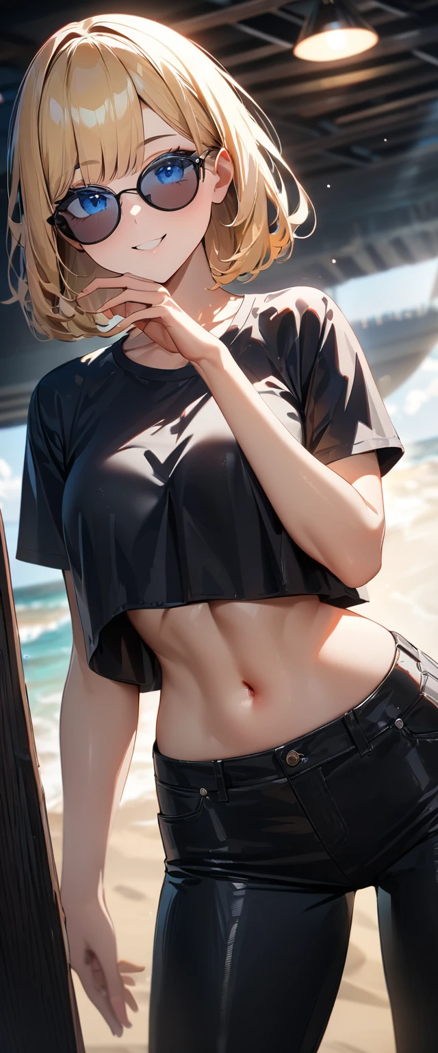 (((One girl))), ((beach)), noon, blond hair, bob cut, breasts, from front, (cowboy shot), standard body, (looking at viewer), ((black pants)), ((black crop top overhang)), short sleeves, ((sunglasses)), hand to sunglasses, midriff peek, teenager, head tilt:1.3, (((blue eye))), ((happy smile)), anime style, (best quality, 4k, 8k, highres, masterpiece:1.2, ultra-detailed, ultra-detailed eyes, HDR, UHD, studio lighting, ultra-fine painting, sharp focus, physically-based rendering, extreme detail description, professional, vivid colors, bokeh), ((Highest quality, Best image quality, Ultra-high resolution, Ultra-high resolution, solo, Strong eye highlights)), Depth of written boundary, Natural soft light, attractive, Beautiful Face, Cleanliness, Pure Face, nedium chest, Beautiful Face, Perfect Fingers, Perfect hands, Perfect body, Perfect Face, Shine a light into your eyes, Perfect Anatomy