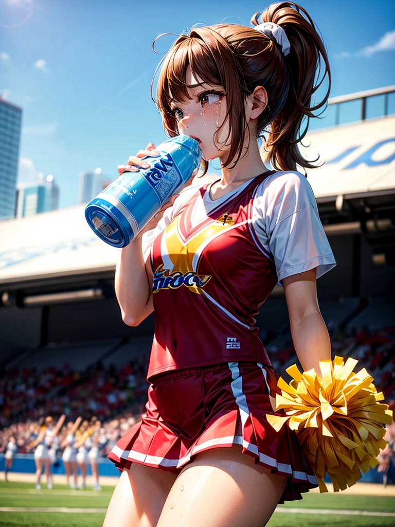 Highest Resolution,Highest quality,A beautiful girl with a crying face, a cheerleader, drinking a sports drink,sunny,Tears and saliva dripping,Brown hair ponytail,