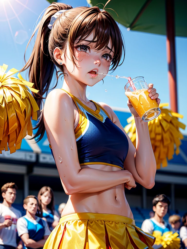 Highest Resolution,Highest quality,A beautiful girl with a crying face, a cheerleader, drinking a sports drink,sunny,Tears and saliva dripping,Brown hair ponytail,
