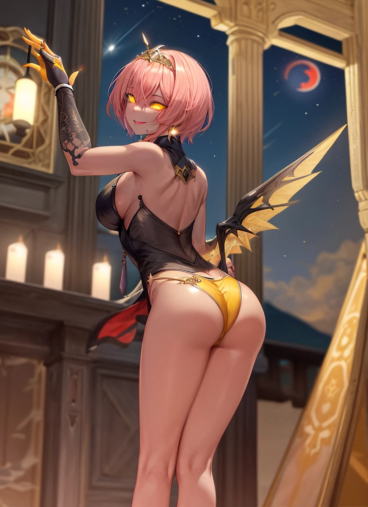 ((best quality)), ((highly detailed)), masterpiece, absurdres, (detailed eyes, deep eyes), (1girl), full body, empressoflight, pink hair, solid eyes, colored sclerae, yellow eyes, (((glowing eyes))), ((colored skin)), ((yellow skin)), wings, smiling, blue gloves, tiara, (at a church, night, night sky, stars, blood moon, shooting star, telescope), sexy ass, back view
