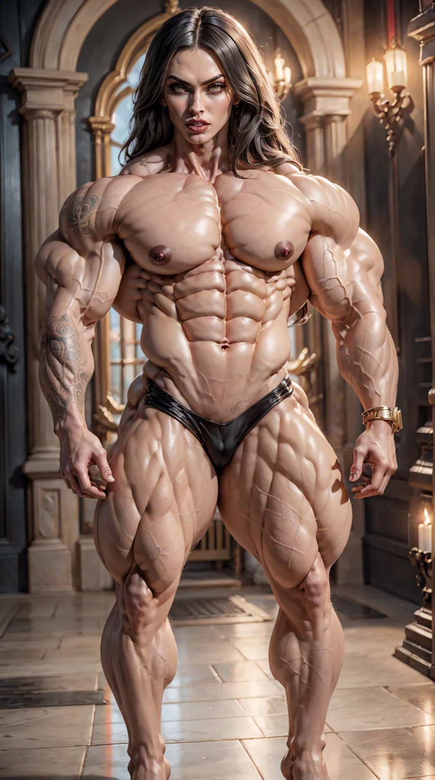 (megan fox:1.25), (muscular:1.5), (full body view:1.25), (red and black colors:1.46), (woman:1.1),(very muscular bodybuilder girl:1.25), (huge upper body:1.25), (narrow hips:1.0), long hair, (huge muscular arms:1.5,), (10-pack abs:1.4), (lots of veins:1.25), (horror:1.0), (esoteric:1.1), (solo:1.4), (dynamic angle:1.0), (cowboy shot:1.0), thin legs, Realistic, Very detailed face and eyes, (masterpiece:1.1), (best quality:1.1), (ornate:1.1), (beautiful girl face:1.25)