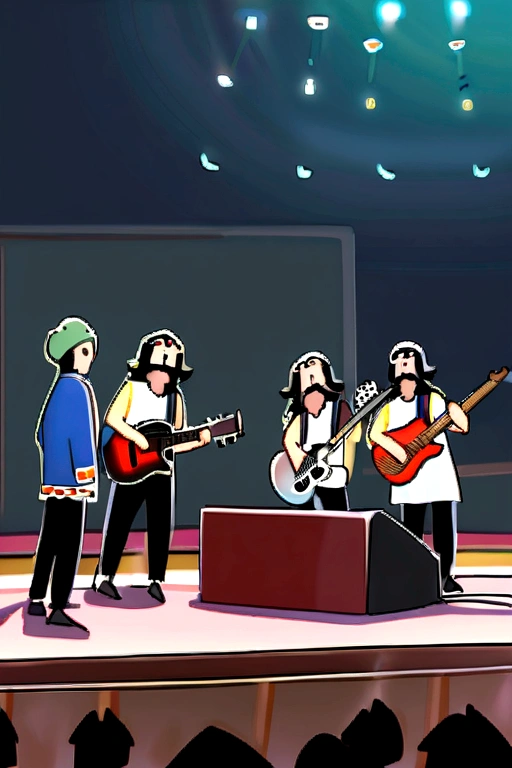 A music band of 6 members performing on the stage, a short girls holding mick and singing in the front, a fatty girl holding micm in the corner, a fatty boy playing bass guitar in the back, a skiny boy playing drums in the front, a sikh boy playing electric guitar in the right corner and a boy playing keyboard in the left corner.