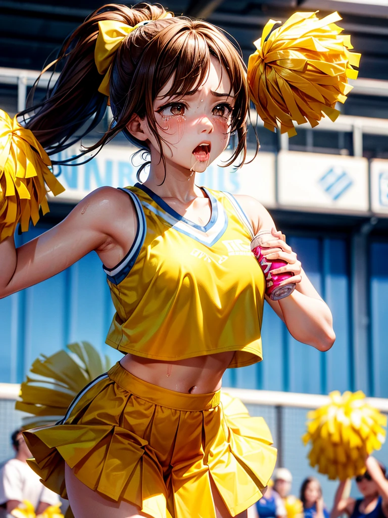 Highest Resolution,Highest quality,A beautiful girl with a crying face, a cheerleader, drinking a sports drink,sunny,Tears and saliva dripping,Brown hair ponytail,
