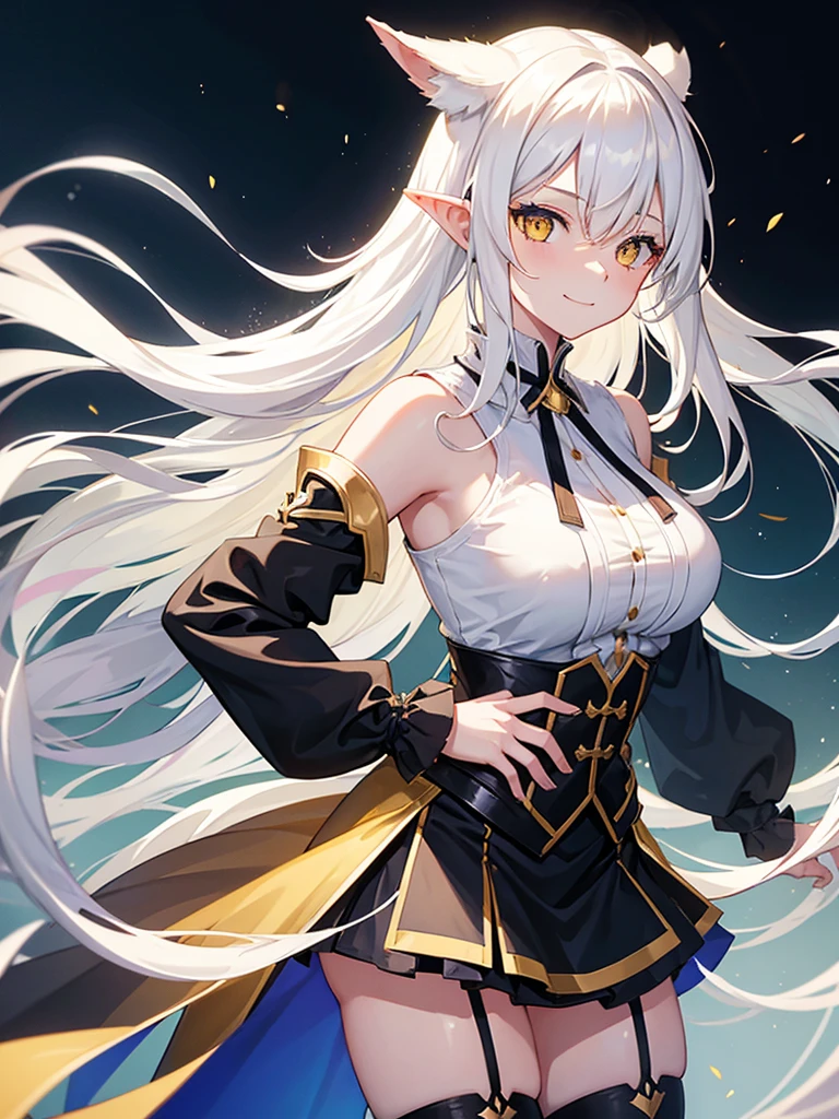 1 girl, One, flowing long hair, yellow eyes, White hair, bare shoulders, skirt, breast, cut off sleeves, long sleeves, hair flaps, closed mouth, black skirt, shirt, pointed ears, smile, большая breast, stockings, big ass