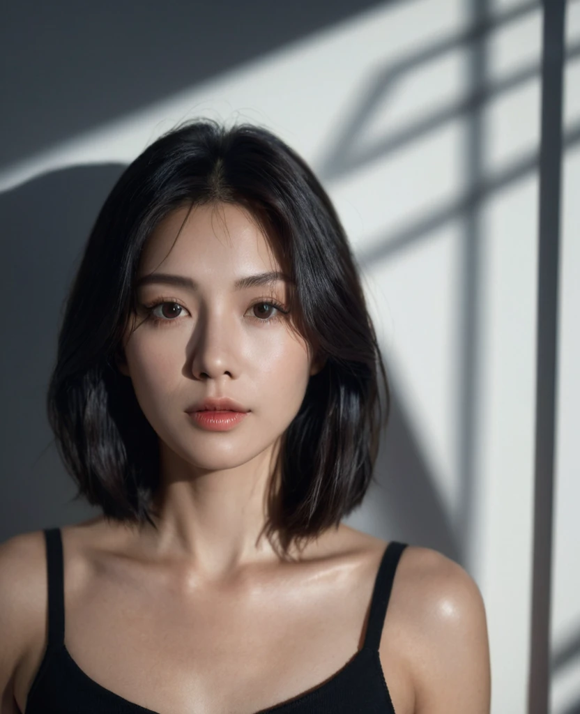 (Canon RF85mm f/1.2,best quality,Reality:1.4,light),Best quality,masterpiece,Ultra-high resolution,(Realism:1.5),original photo,1 Girl,Lower shoulder,in the darkness,Deep Shadows,Low profile,Cold Light,Attractive appearance,short hair,Half-length photo,