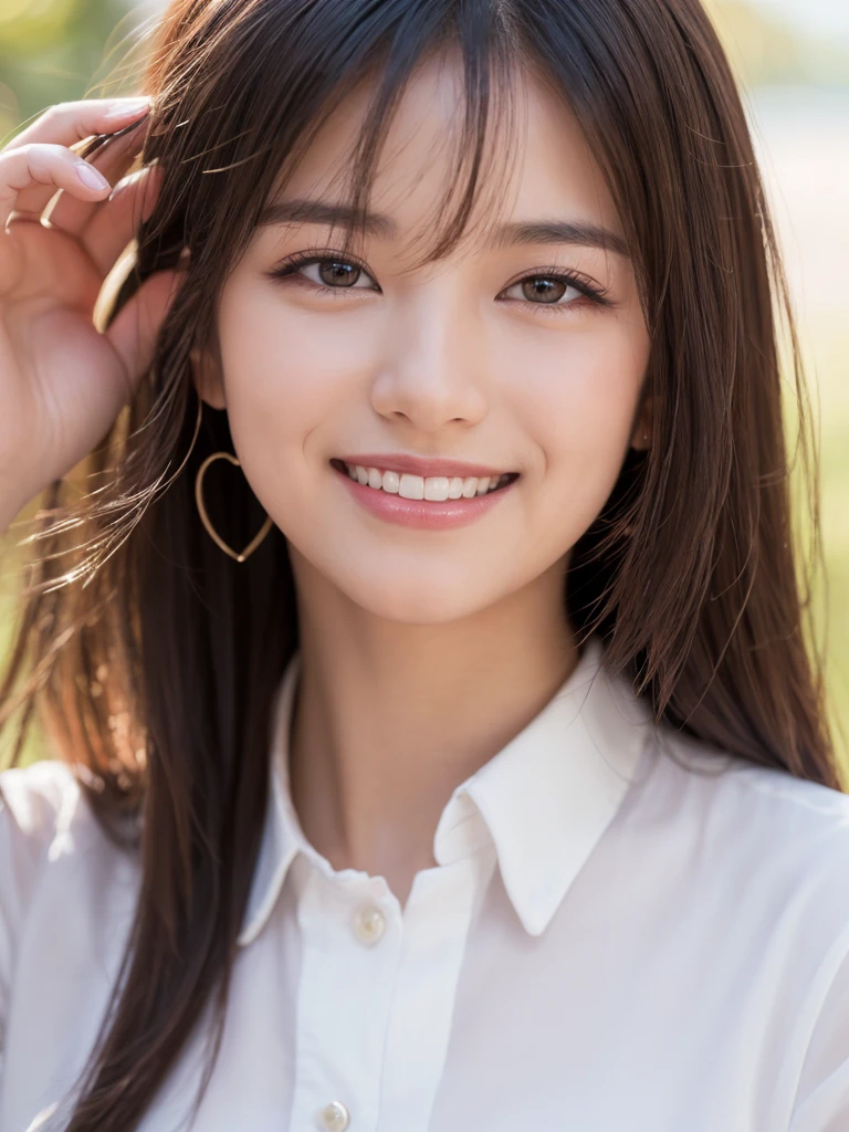 (In 8K, Highest quality, Tabletop, Ultra-high resolution, High quality face:1.5), (Very detailed), Staring at you, (Young adult girl:1.3),(Photorealistic:1.4) (Heart-Pounding Close-Ups:1.6), 1 beautiful girl, White skin, (とてもWhite skin, Glittering Skin:1.4), Pin Spot Light, (Beautiful Eyes, Light in your eyes), Shiny, Bright straight hair, Black Hair, Super long hair that covers the face, Thin Hair,, Squint your eyes and laugh, Dazzling Smile, de luz, cute, refreshing, Natural Hair, ((Beautiful woman in a white shirt)),  (Japanese),Portraiture, Warm texture