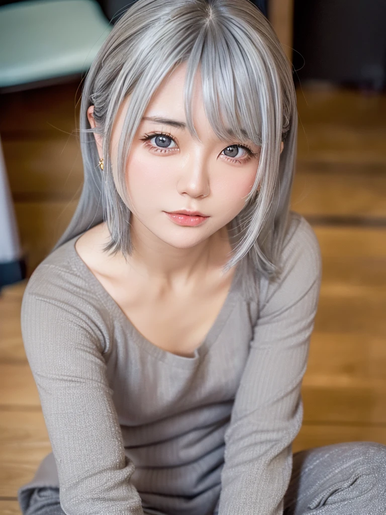 8K, RAW Photos, Fujifilm, Beautiful 20 year old woman style photo, (((Gray Hair:1.3,美しいGray Hairのストレートヘアー、シルキーなGray Hair)))、(((See-through clothing:1.5,))) Gold earrings, (Highly detailed skin: 1.2), Light medium brown hair, Film Grain, 35mm, Cute Style、(((Sitting 1.5)))、Selfie、Spread your legs、sexy、erotic、Upward glance、Top view