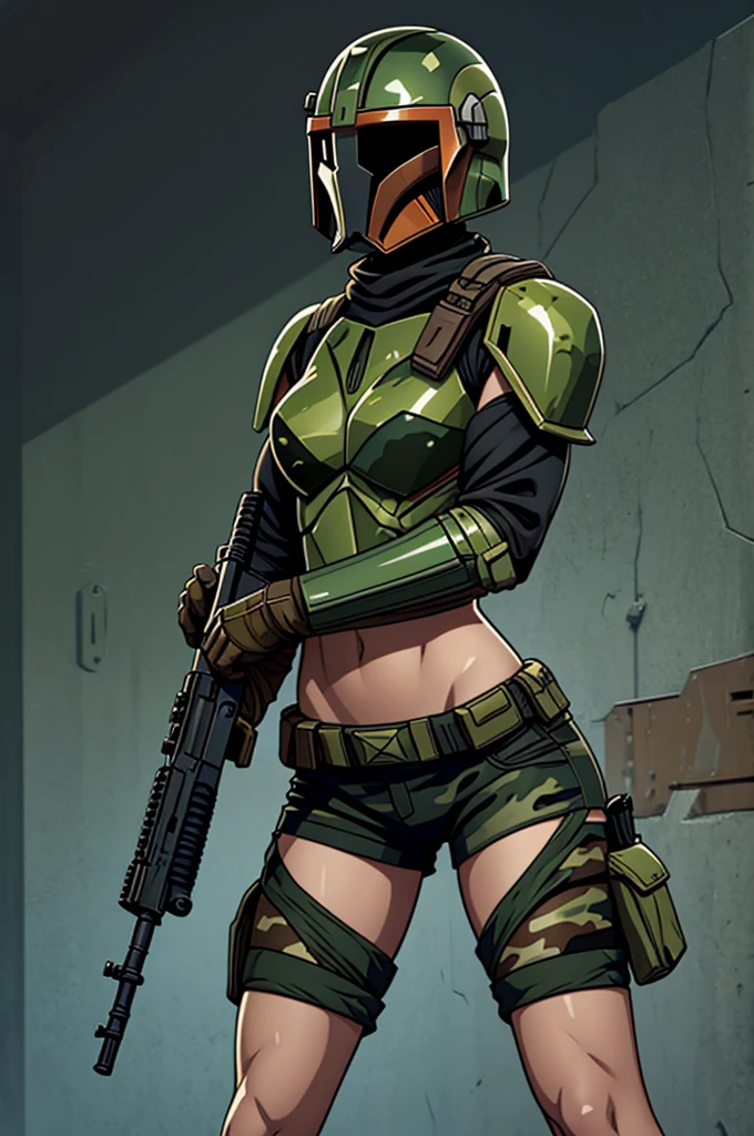 Mandalorian female, Mandalorian girl, Mandalorian helmet, reinforced helmet, shorts, action pose, camo, camouflage, camo armor, firearm, weapon, rifle