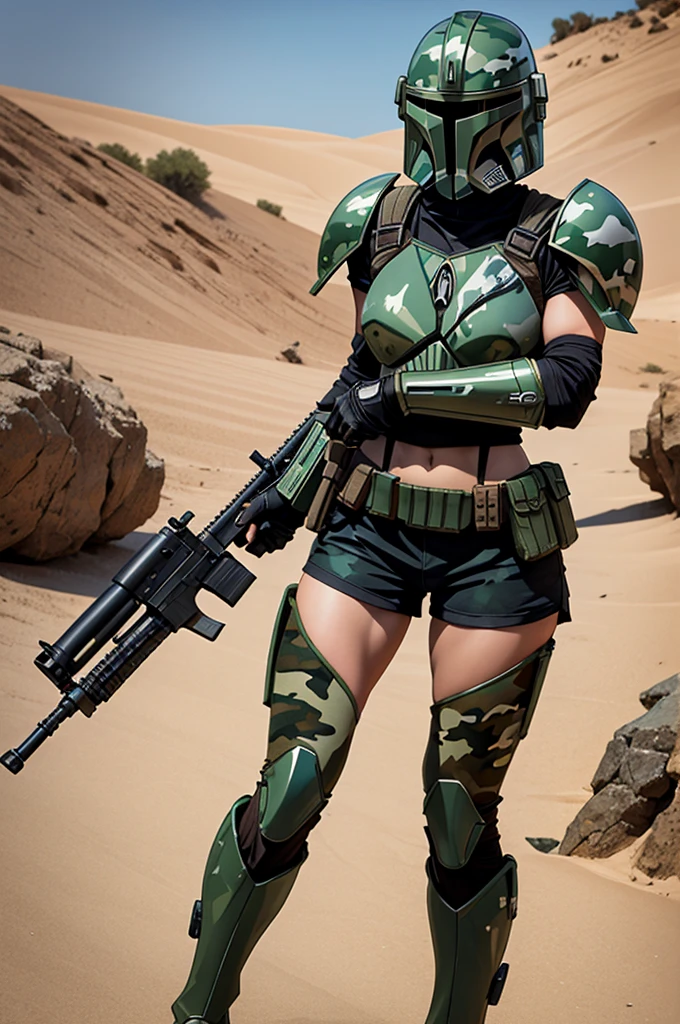 Mandalorian female, Mandalorian girl, Mandalorian helmet, reinforced helmet, shorts, action pose, camo, camouflage, camo armor, firearm, weapon, rifle