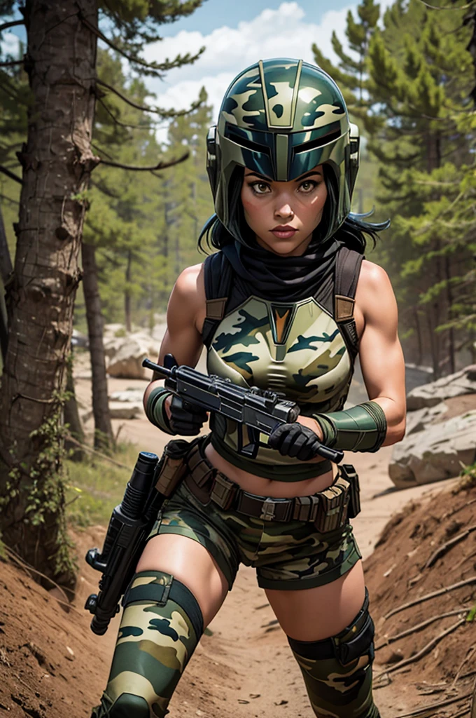 female Mandalorian, Mandalorian armor, Mandalorian helmet, curvy, wide hips, thick thighs, slim waist, tall, long legs, camo, camouflage, camo armor