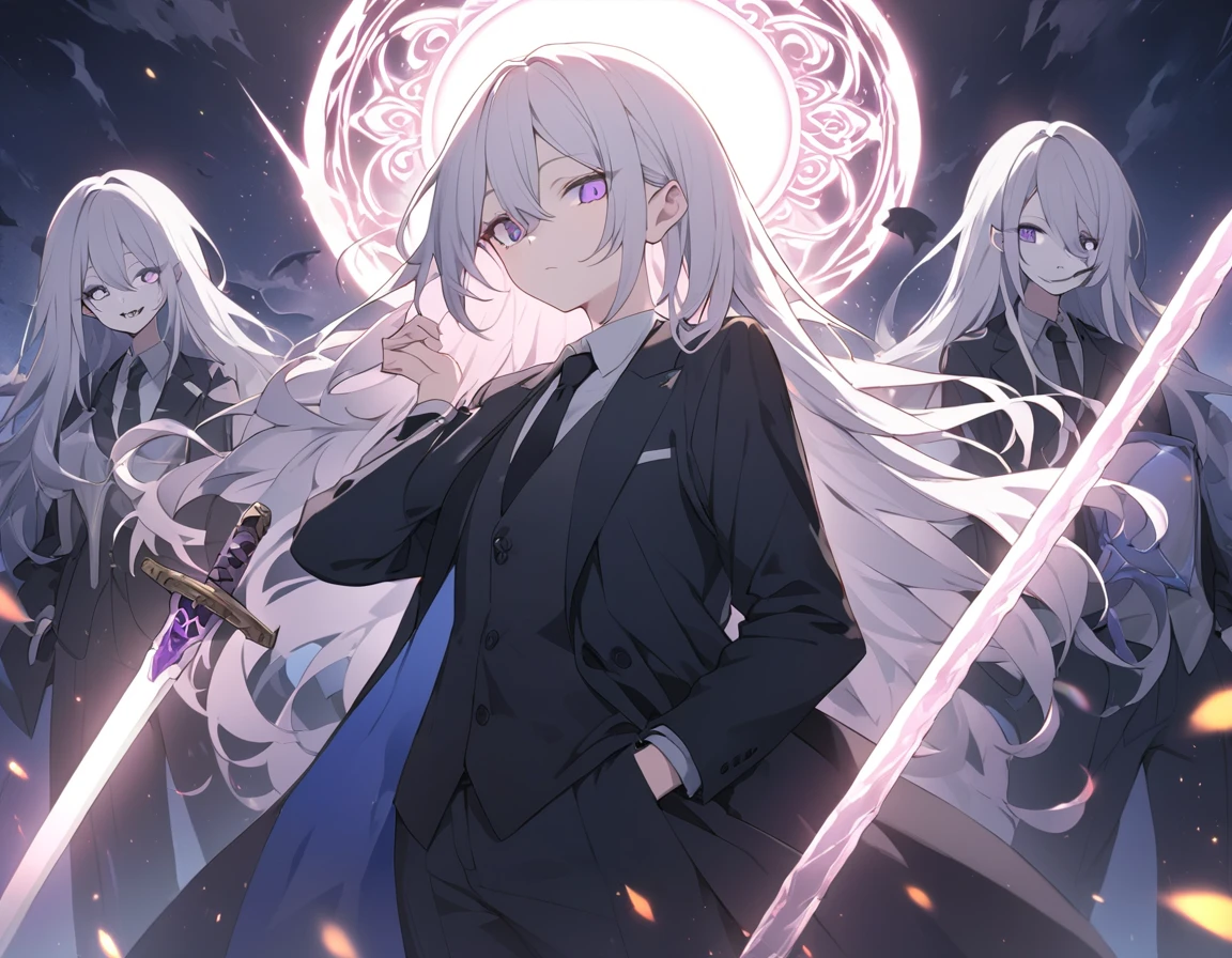 Wearing Darkness、1 personの女の子、White long hair、Purple left eye、Blue right eye、Odd Eye、wields the sword of darkness、闇のaura、Black Light、Rainbow light、Black long coat、White shirt、Black tie、Long trousers、suit、、1 person、Fantasy、aura、whole body、(high resolution)、(High resolution)、(Detailed)、8K、Many shining swords are stuck in it、cool、Girl、Magic Sword、Magic circle in the background、Scary face、Expressionless、Light comes out of the eyes、Standing in the wilderness with the sword piercing、Cool face、Left hand in pocket