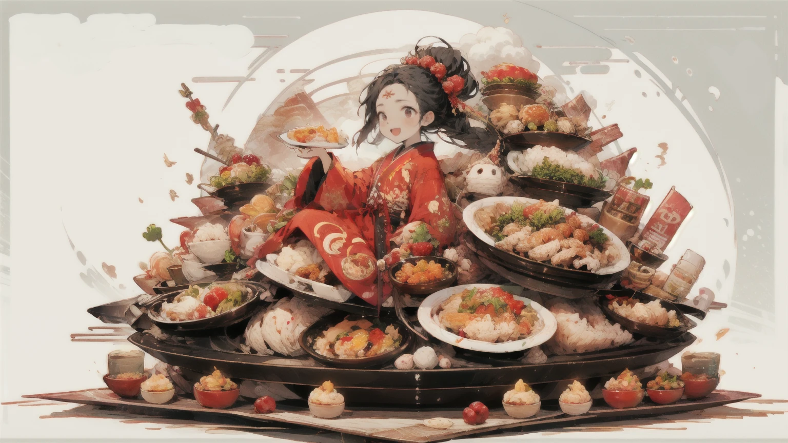 HEZI, 1girl, food, holding, smile, bird, plate, solo, open mouth, bowl, braid, black hair, long hair, chicken, rice, :d, white background, long sleeves, wide sleeves, hair ornament, animal, brown eyes, holding food, japanese clothes, fruit, holding plate, vegetable, red kimono, sitting, tray, blush, kimono, simple background, egg, bangs, single braid, shrimp, red eyes, chicken \(food\), forehead mark, dumpling, facial mark, looking away, holding bowl, pom pom \(clothes\)