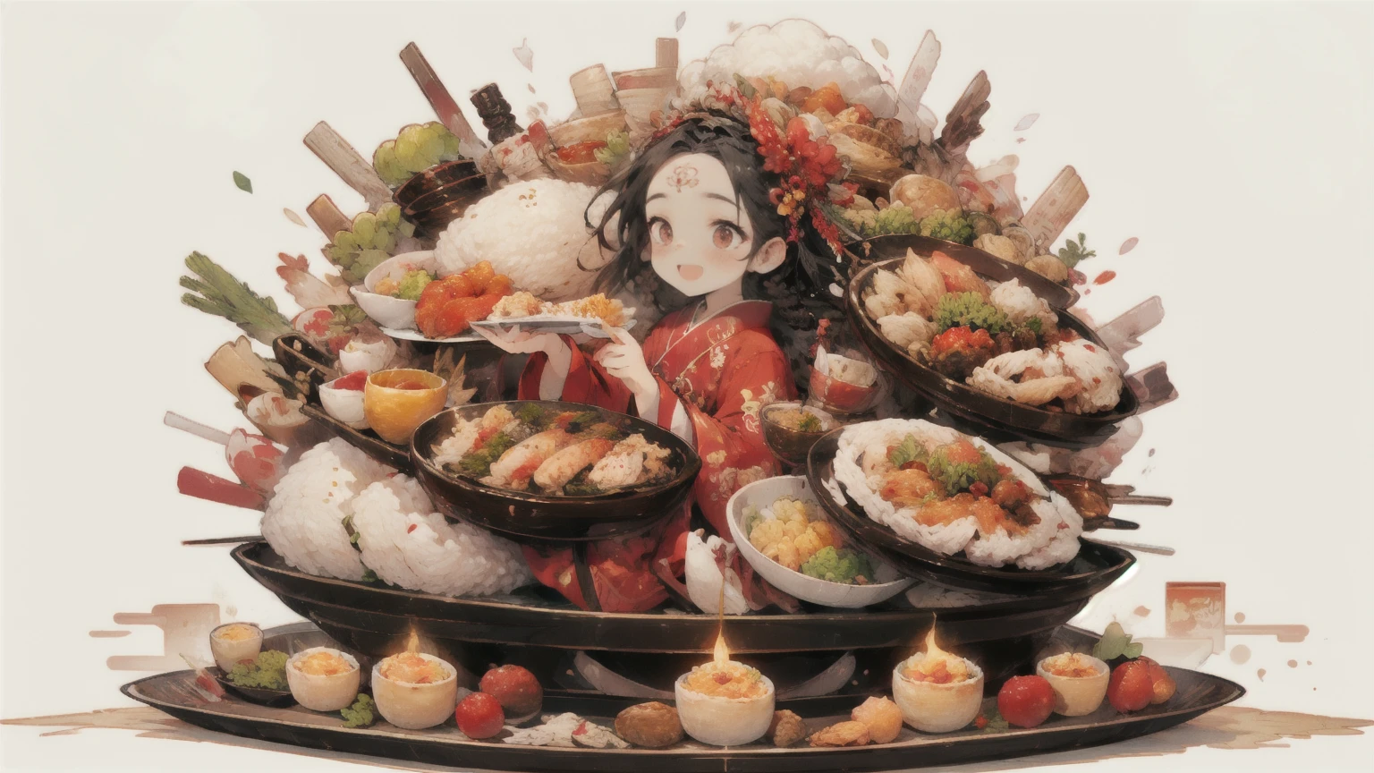 HEZI, 1girl, food, holding, smile, bird, plate, solo, open mouth, bowl, braid, black hair, long hair, chicken, rice, :d, white background, long sleeves, wide sleeves, hair ornament, animal, brown eyes, holding food, japanese clothes, fruit, holding plate, vegetable, red kimono, sitting, tray, blush, kimono, simple background, egg, bangs, single braid, shrimp, red eyes, chicken \(food\), forehead mark, dumpling, facial mark, looking away, holding bowl, pom pom \(clothes\)