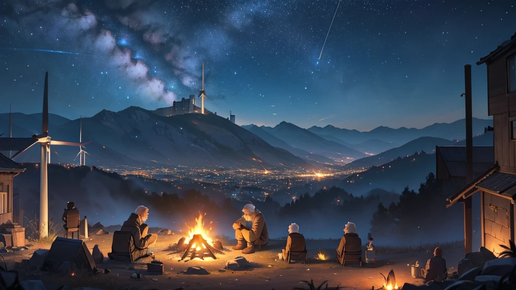 A futuristic setting with wind turbines around An old man sitting around a campfire giving a bunch of kids a story on a hill top with a dark abandoned city with skyscrapers with no lights in the background behind a mountain, a dark night with a very starry night