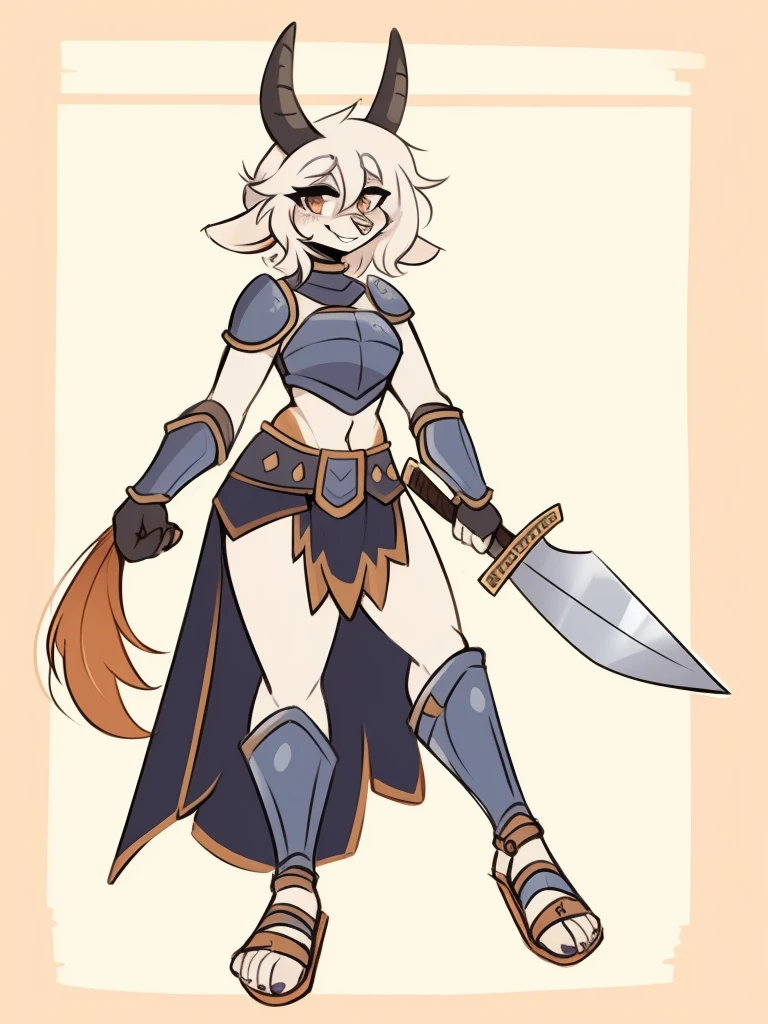 1girl, furry, furry_female, goat_ears, goat_girl, smile, solo, wearing armor, gladiator flat sandals, gladiator skirt, humanoid feet, holding sword, nose ring, septum piercing ring
