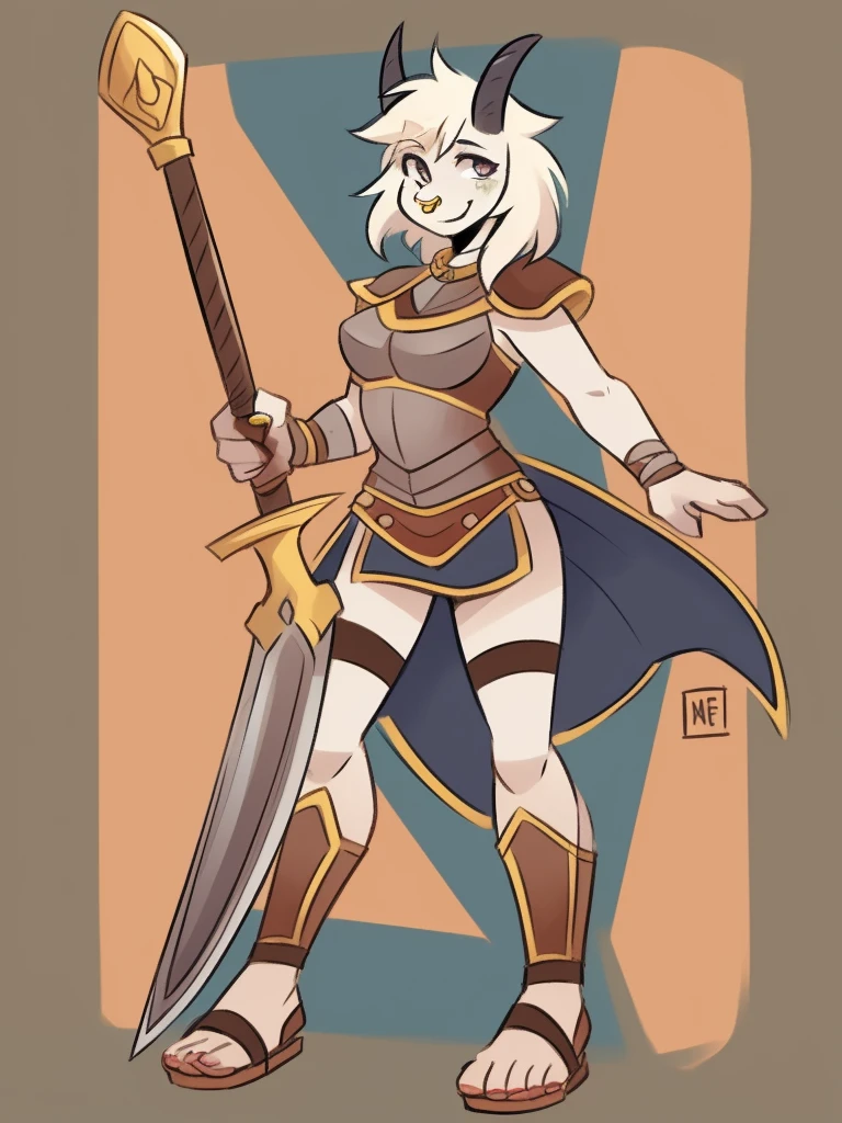 1girl, furry, furry_female, goat_ears, goat_girl, smile, solo, wearing armor, gladiator flat sandals, gladiator skirt, humanoid feet, holding sword, nose ring, septum piercing ring