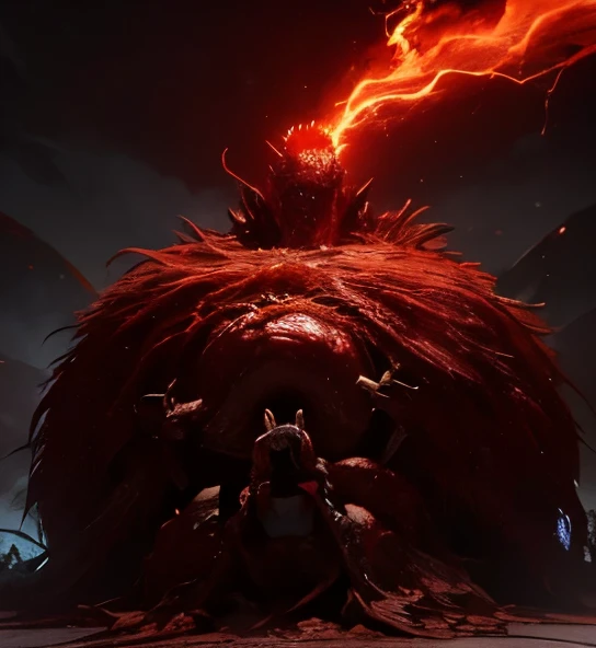 Draw a monster, In a place with heaven and earth red as blood, a hideous monster made of flesh appears. he has many eyes, legs and arms. he has a yellowish eye that is on top of the pile of meat. he doesn't have a mouth. red lightning and thunder crash around him as he watches. dark fantasy style, 4K digital art