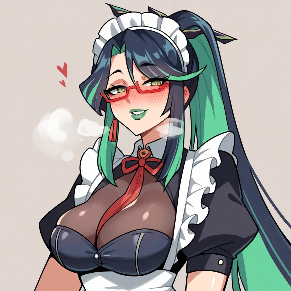 A female,green lip gloss, streaked hair, long ponytail, shiny hair, maid headdress, red over-rim eyewear, full blush, parted lips, seductive smile, heavy breathing, framed, tachi-e, stereogram, UHD, textured skin, masterpiece, highres, 16k, 1080P，Upper focus
