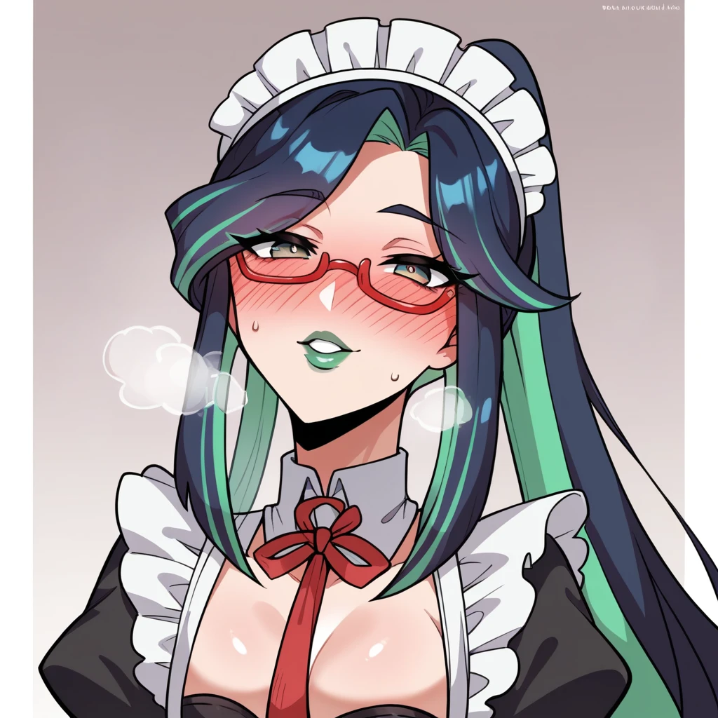 A female,green lip gloss, streaked hair, long ponytail, shiny hair, maid headdress, red over-rim eyewear, full blush, parted lips, seductive smile, heavy breathing, framed, tachi-e, stereogram, UHD, textured skin, masterpiece, highres, 16k, 1080P，Upper focus
