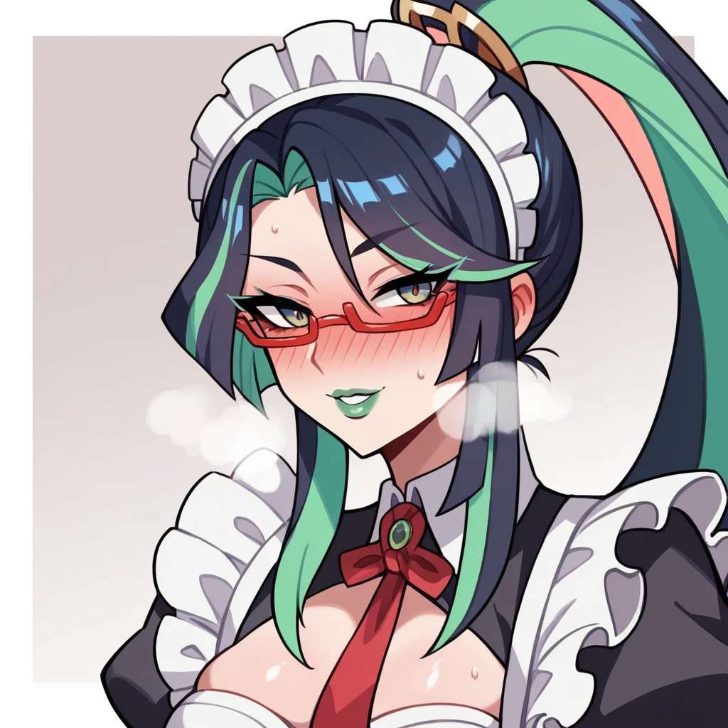 A female,green lip gloss, streaked hair, long ponytail, shiny hair, maid headdress, red over-rim eyewear, full blush, parted lips, seductive smile, heavy breathing, framed, tachi-e, stereogram, UHD, textured skin, masterpiece, highres, 16k, 1080P，Upper focus
