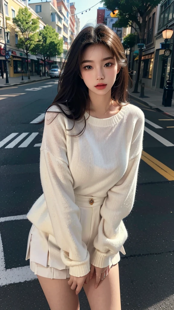 (best quality,16,000,high resolution,masterpiece:1.2),very detailed,(realistic,realistic,realistic:1.37),Korean Fashion Beauty,Japanese and Korean beauties,Cute and innocent,Eyes and face are detailed,beautiful and delicate lips,white teeth,long eyelashes,slime,The clothes are fashionable,shorts short skirts,plump upper circumference,big bust,split,(Beloved,attractive:1.1),colorful street background,stylish clothes and accessories,The texture of the clothes is soft,portrait style photography,vivid colors,Street lamp.sexy pose