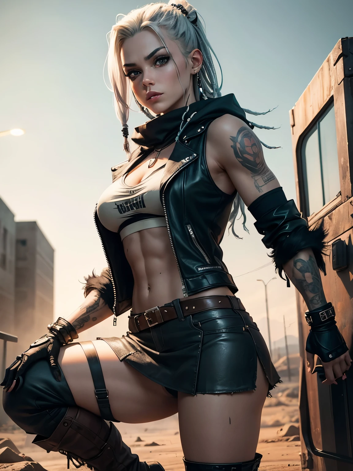 In the Wasteland, 18 year old beautiful girl in Wolf style..., from DC comics, with dreadlocks, intergalactic anti-heroine, known for her cruelty and sarcastic behavior.. He is depicted as an alien humanoid with pale white skin...., long black dreadlocks, and super muscular physique .. His bright red eyes give him a menacing look....... Often dressed in an open black leather vest...., Short skirt, and heavy boots, he has a punk rock look. With tattoos and scars all over my body, emphasizing his seasoned character.,