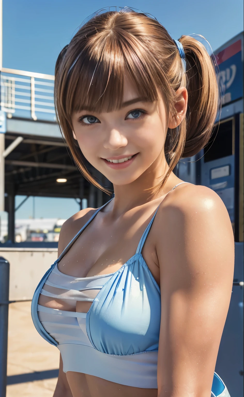 masterpiece, One Girl, alone, Glowing Eyes, hot pants, Station platform，masterpiece, Highest quality, Realisticな, Super detailed, blue sky,  (Very delicate and beautiful work), ((Masseter muscle area)), (Highest quality), Glamour body, One Woman, 20-year-old, (smile:1.4), ( twintails, blunt bangs、(Fair skin:1.2), Bright lighting, Natural light, Realistic lighting, Nice lips、Delicate face、(Realisticな、photograph_Realistic:1.4)、((Highest quality、masterpiece:1.3))、20-year-old、((Random hair color))