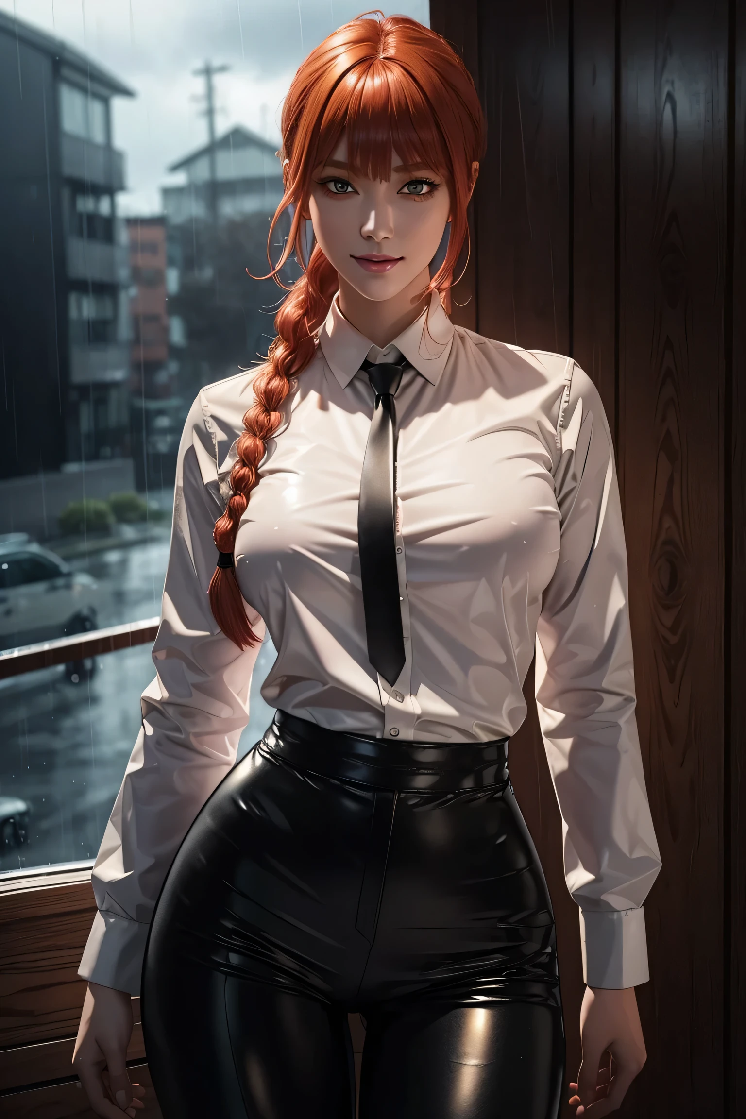 Chainsaw Man,Makima,With bangs,Red Hair,Braids at the back,Golden Eyes,White long sleeve shirt,Black tie,Black Leather Pants,Ultra HD,super high quality,masterpiece,Digital SLR,Photorealistic,Detailed details,Vivid details,Depicted in detail,A detailed face,Detailed details,Super Detail,Realistic skin texture,Anatomical basis,Perfect Anatomy,Anatomically correct hand,Anatomically correct fingers,Complex 3D rendering,Sexy pose,Rainy Sky,Beautiful scenery,Fantastic rainy sky,Picturesque,Pink Lips,smile,
