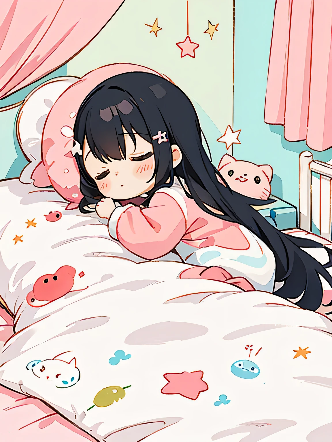 Black Star Red and White style、Kawaii Design, The most beautiful girl of all time、chibi, Cute and colorful amoeba, nap, Cute room bed