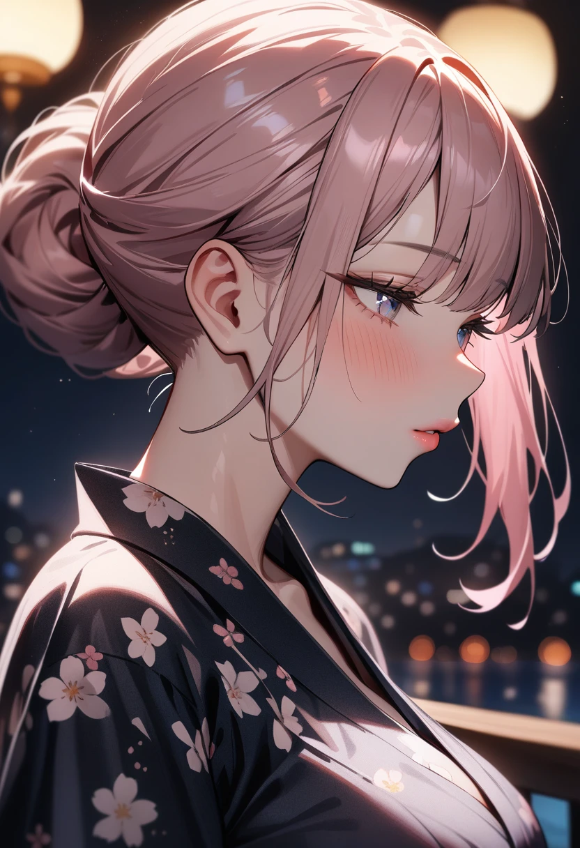 1girl,solo,super detailed skin,shiny skin,natural face ,half open eyes,eyelashes,lips gloss,pale pink hair,chignon,sidelocks,large breasts,floral printed yukata ,night bridge,masterpiece,best quality,ultra detailed,high resolution,sharp focus,depth of field