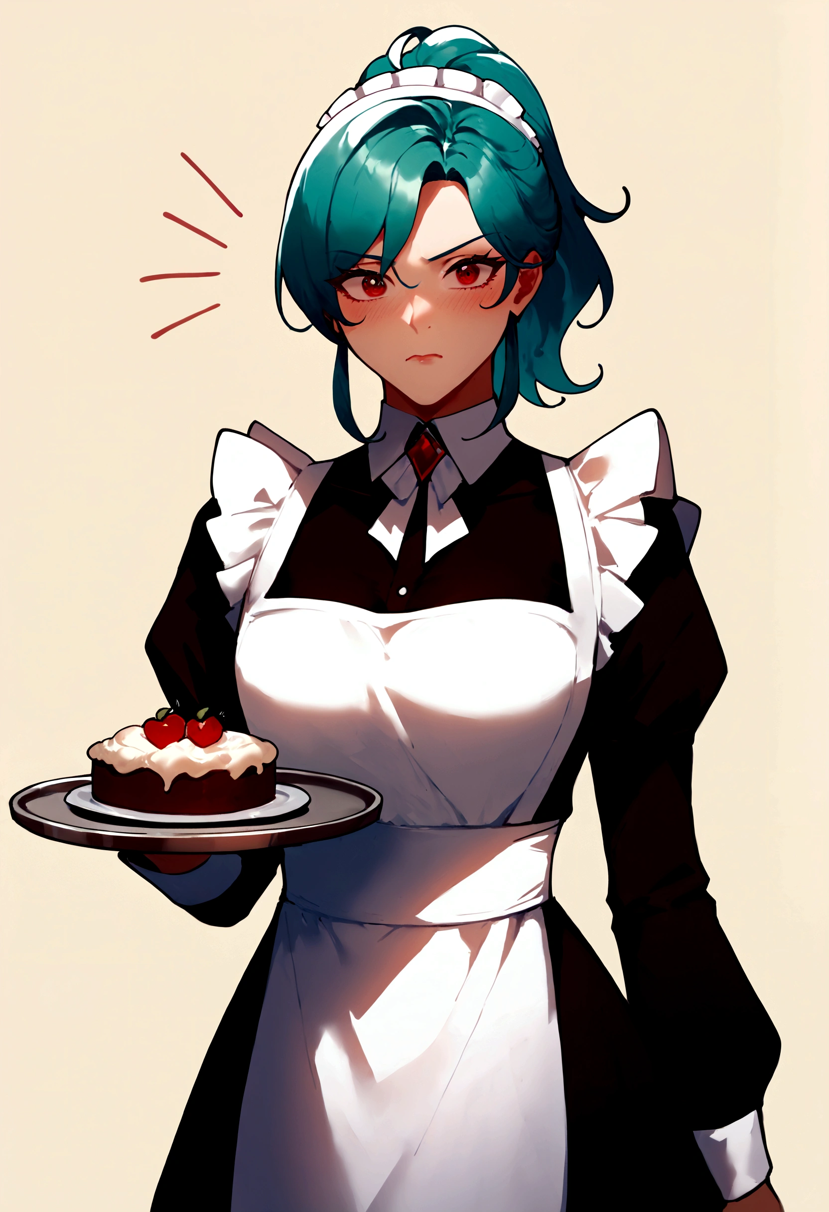 score_9, score_8_up, score_7_up, (high res, best quality, masterpiece), 1woman, female focus, (cyan hair, beautiful red eyes, short hair, ponytail), looking at viewer, french maid outfit, apron, sleeves, holding a tray, light blush, embarassed, standing, blank background, by nyantcha 