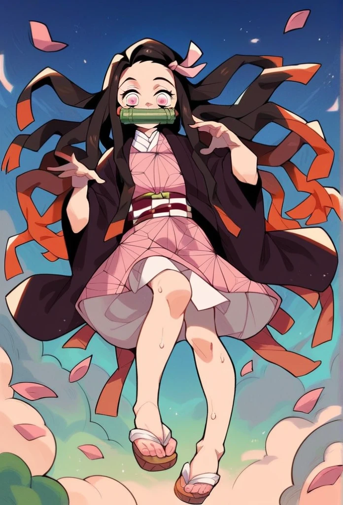 score_9,score_8_up,score_7_up,score_6_up,score_5_up,score_4_up, kamado_nezuko, kimetsu_no_yaiba, 1girl, black_hair, pink_eyes, showing sandals, sweaty sandals, very sweaty