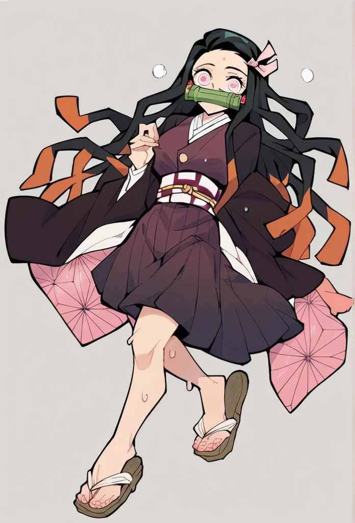 score_9,score_8_up,score_7_up,score_6_up,score_5_up,score_4_up, kamado_nezuko, kimetsu_no_yaiba, 1girl, black_hair, pink_eyes, showing sandals, sweaty sandals, very sweaty